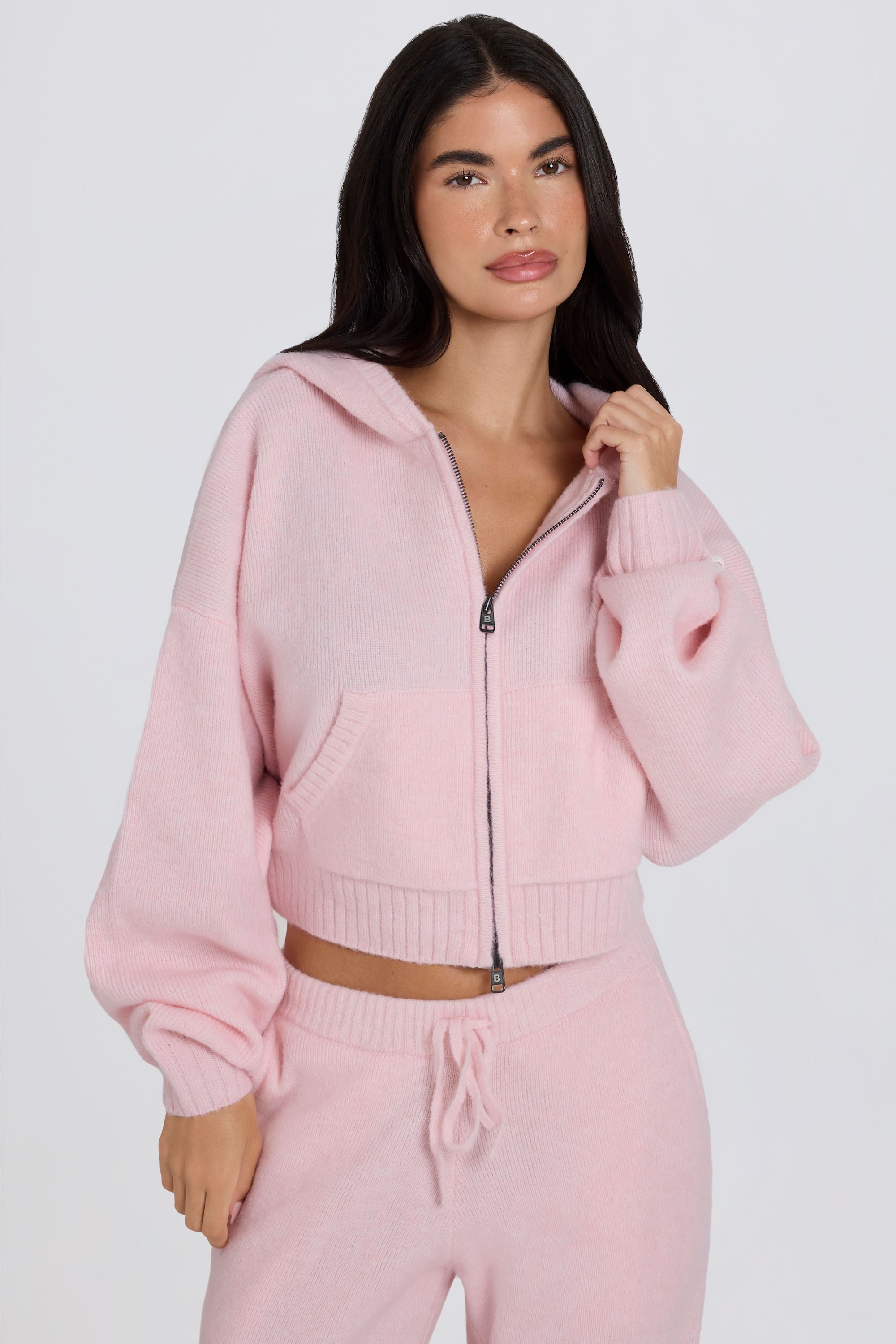 Soft Knit Zip-Up Cropped Hoodie in Soft Pink – Bo+Tee
