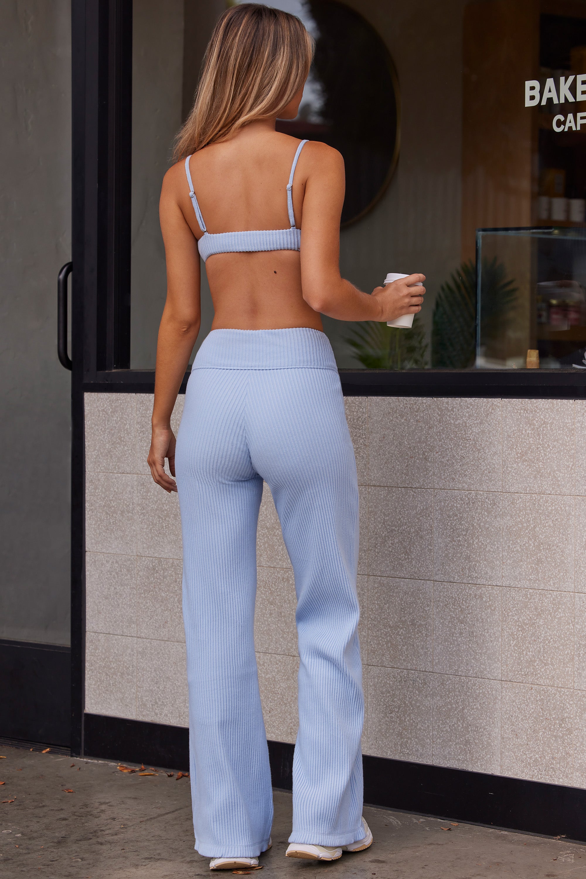 Petite Pale Blue Ribbed Knit Flared Trousers