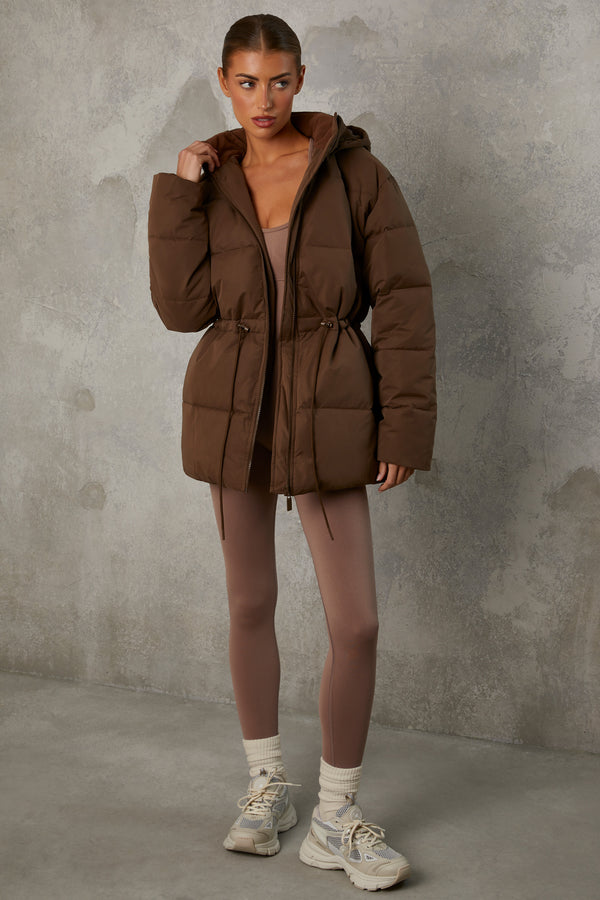 Snug - Mid Length Hooded Puffer Coat in Cocoa Brown