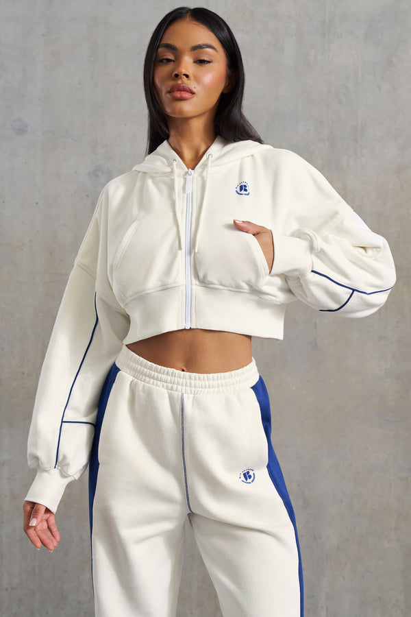 Ambition - Waffle Lined Cropped Zip Up Hooded Jacket in White