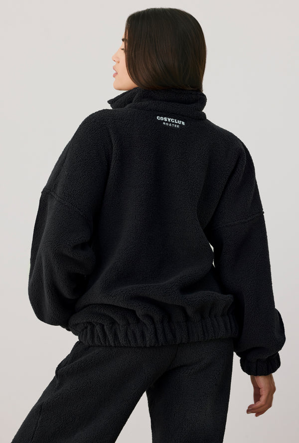 Cushy - Oversized Fleece Zip Up Jacket in Onyx