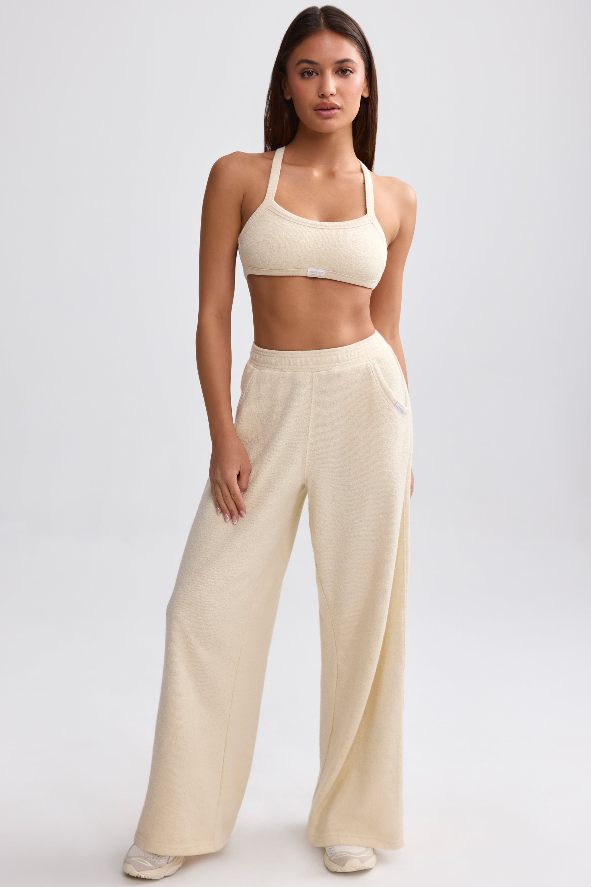 Terry Towelling Wide-Leg Joggers in Cream - Main Image