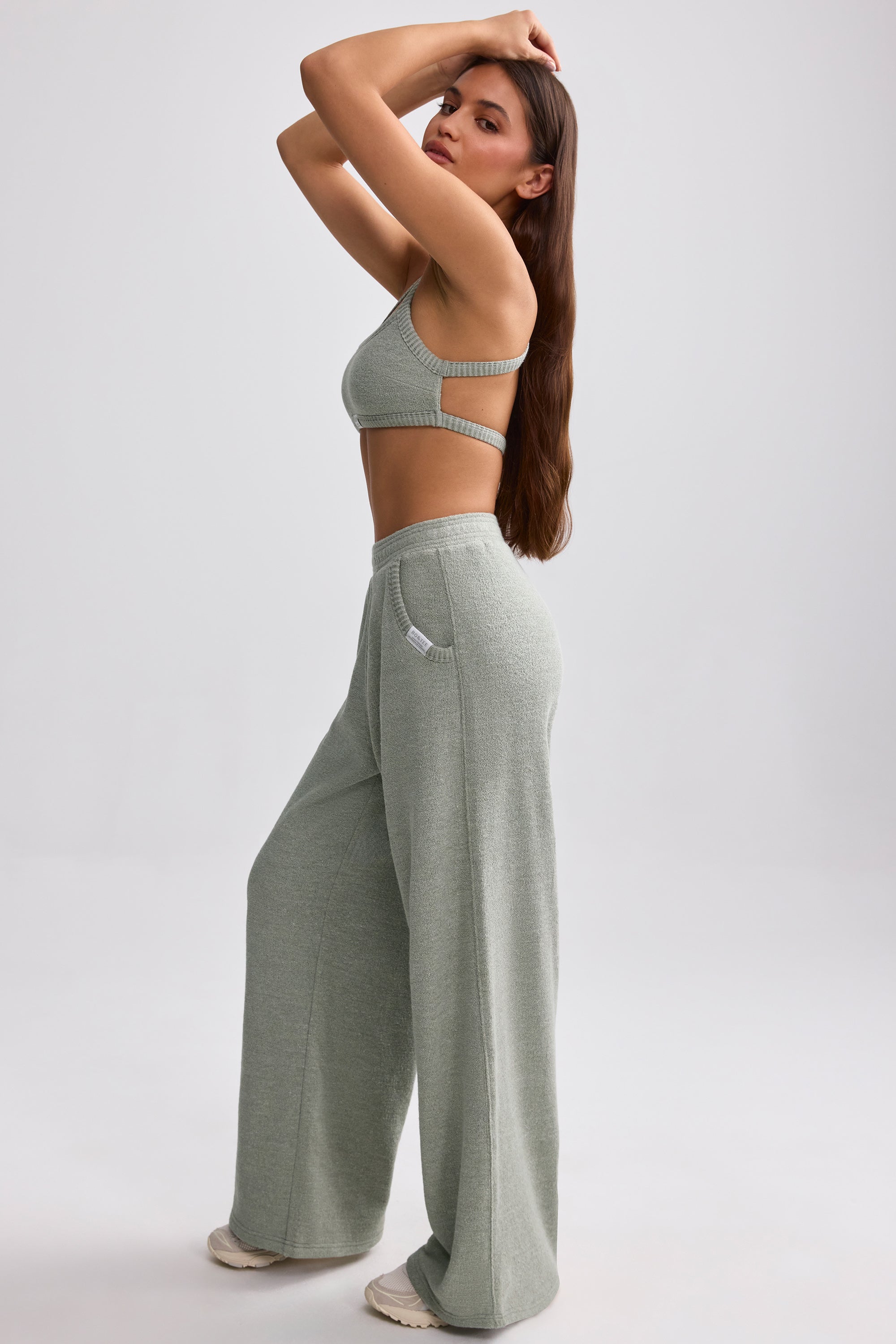 Petite Terry Towelling Wide Leg Joggers in Sage Grey