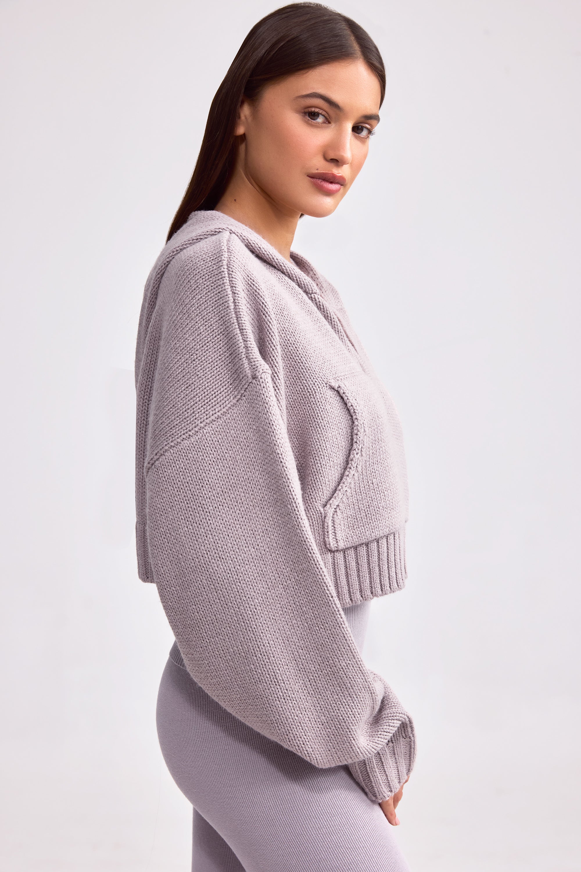 Chunky Knit Zip-Up Cropped Hoodie in Dusty Lavender – Bo+Tee