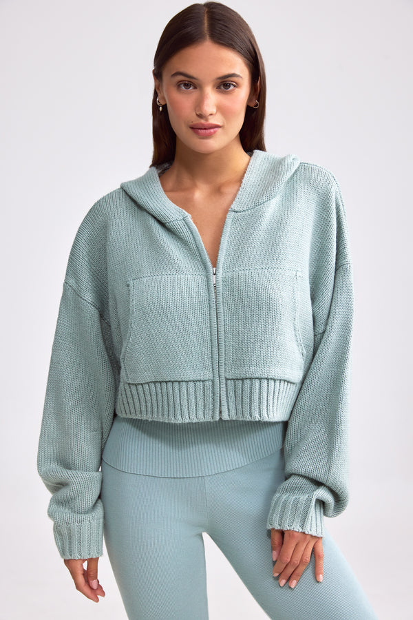Cropped Zip-Up Chunky Knit Hoodie in Dusty Teal