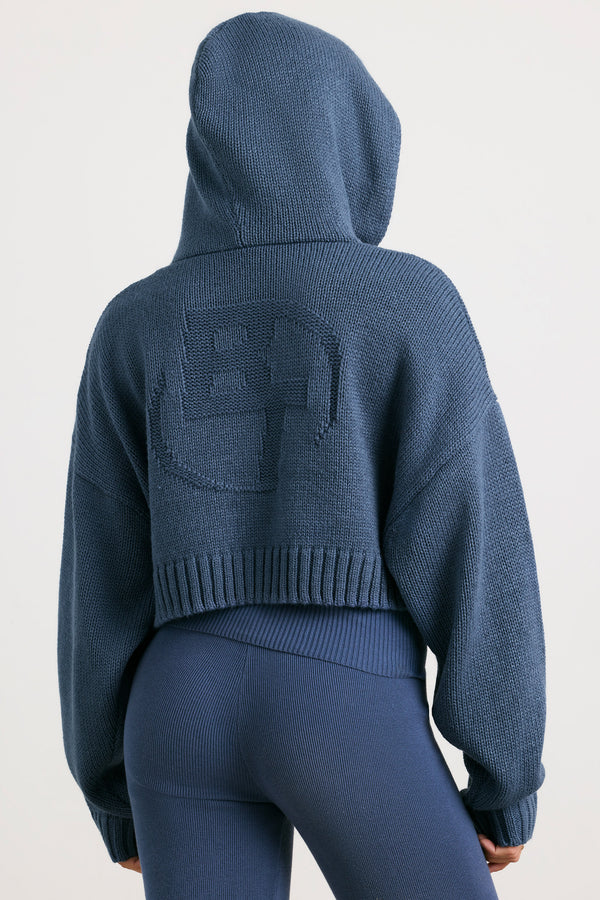 True - Cropped Zip Up Chunky Knit Hoodie in Washed Navy