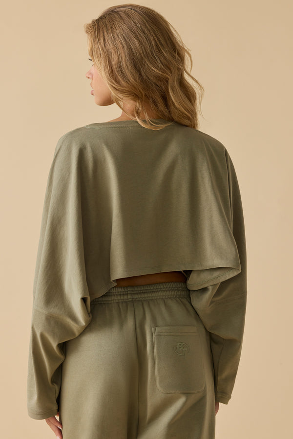 Day Off - Oversized Long Sleeve Crop Top in Soft Olive