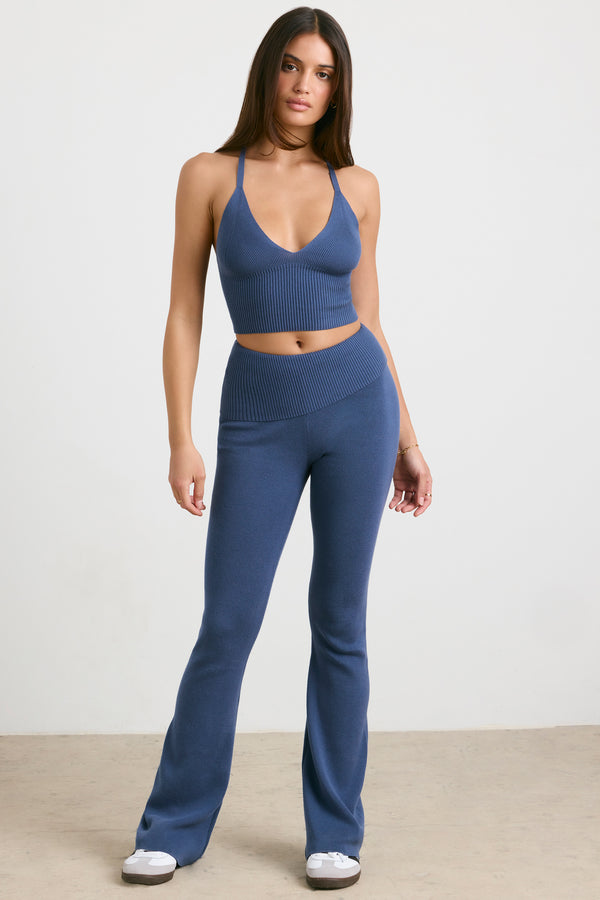 Muse - Chunky Knit Kick Flare Trousers in Washed Navy