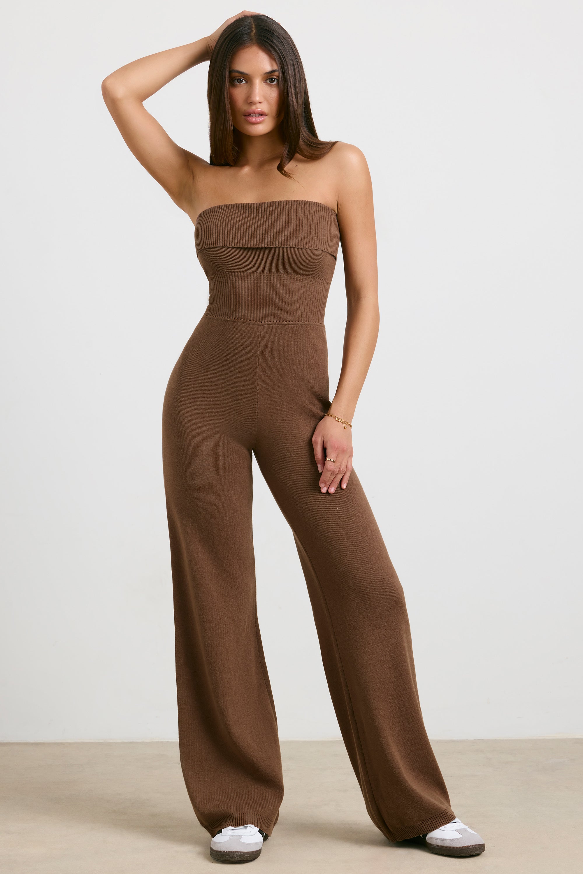 Muse Chunky Knit Kick Flare Trousers in Espresso