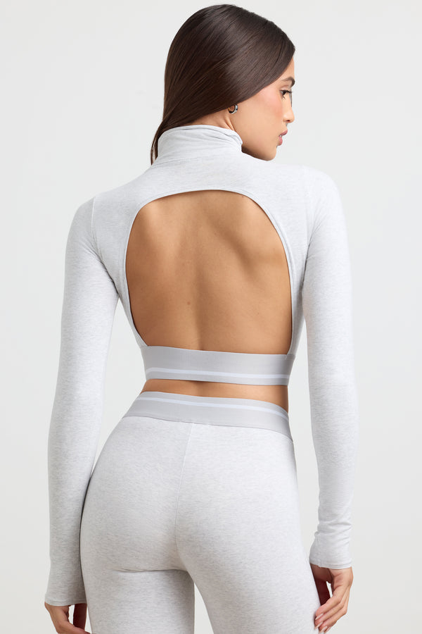 Grounded - Turtleneck Backless Long-Sleeve Crop Top in Grey Marl