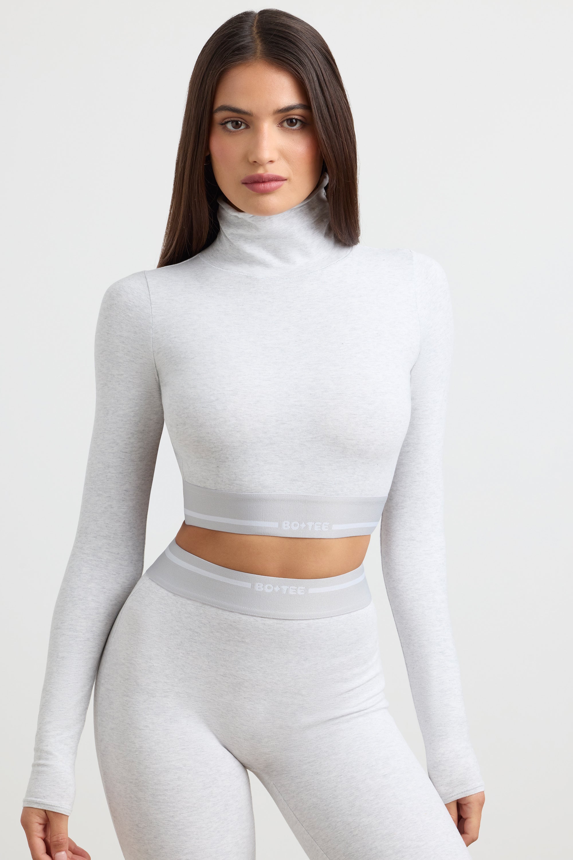 Stretch Cotton Jersey Backless Turtleneck Long-Sleeve Crop Top in Grey Marl