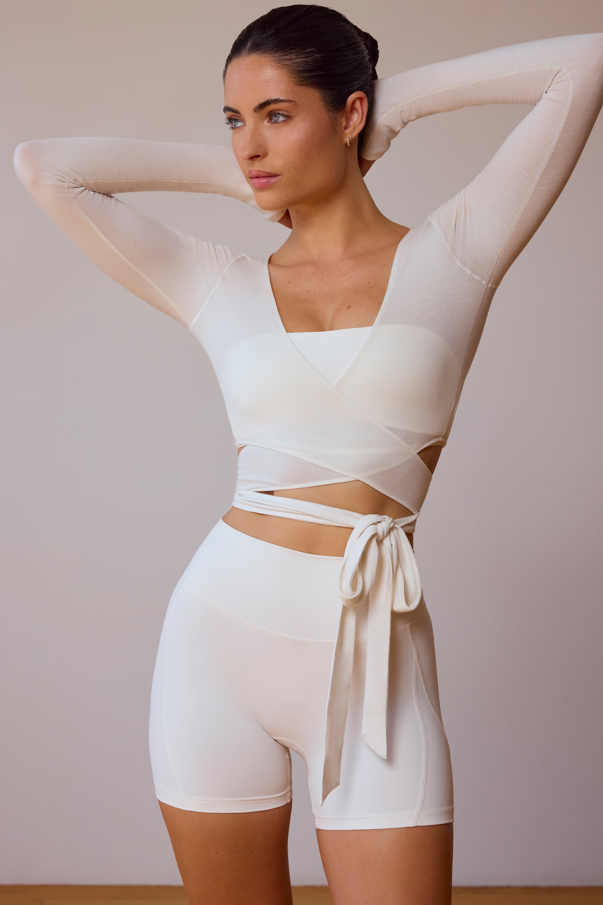 Long-Sleeve Wrap Crop Top in Soft White - Main Image