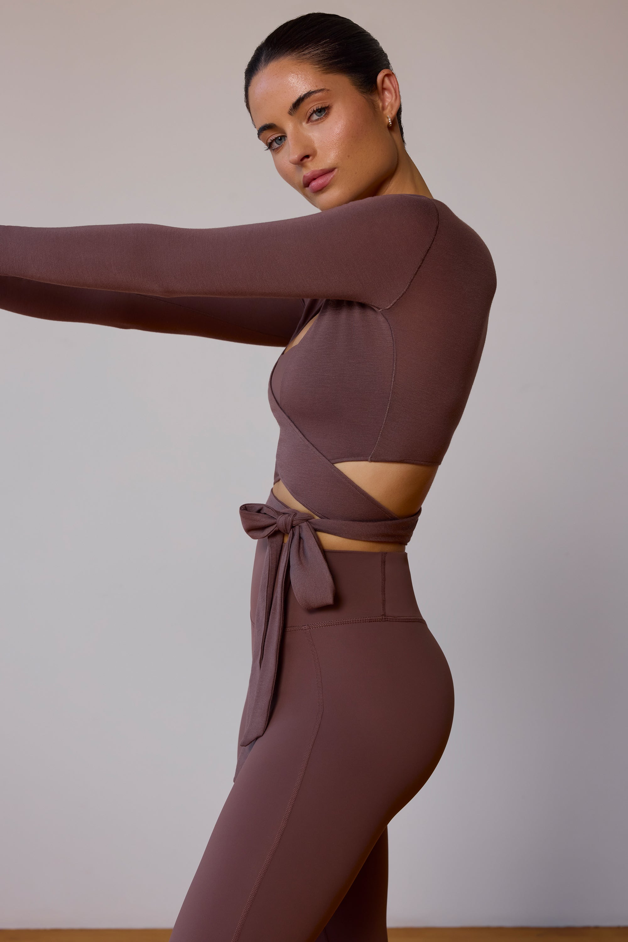 Long-Sleeve Wrap Crop Top in Taupe Brown - Main Image