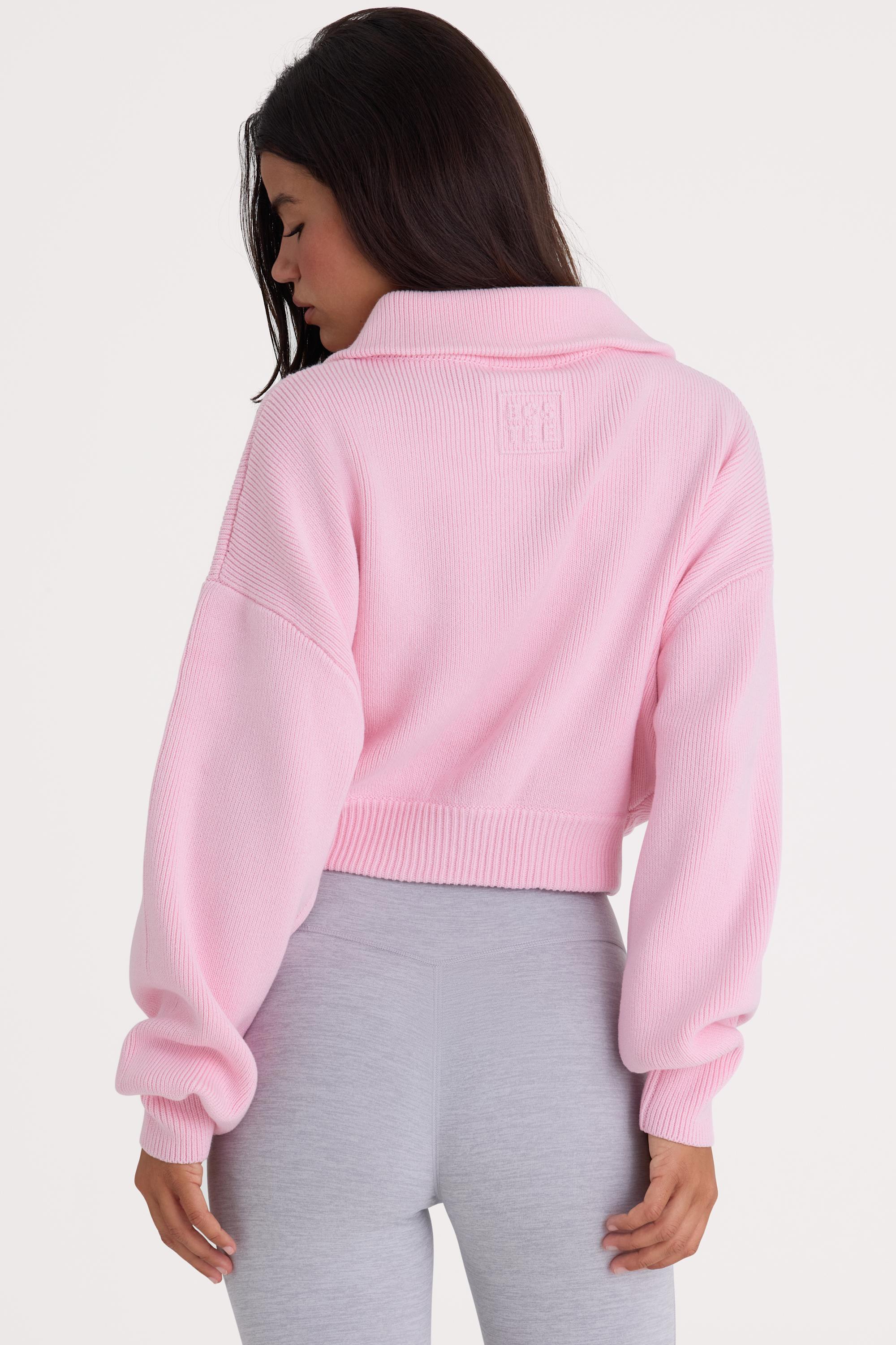 Ribbed Knit Zip-Up Cropped Sweatshirt in Pale Pink – Bo+Tee