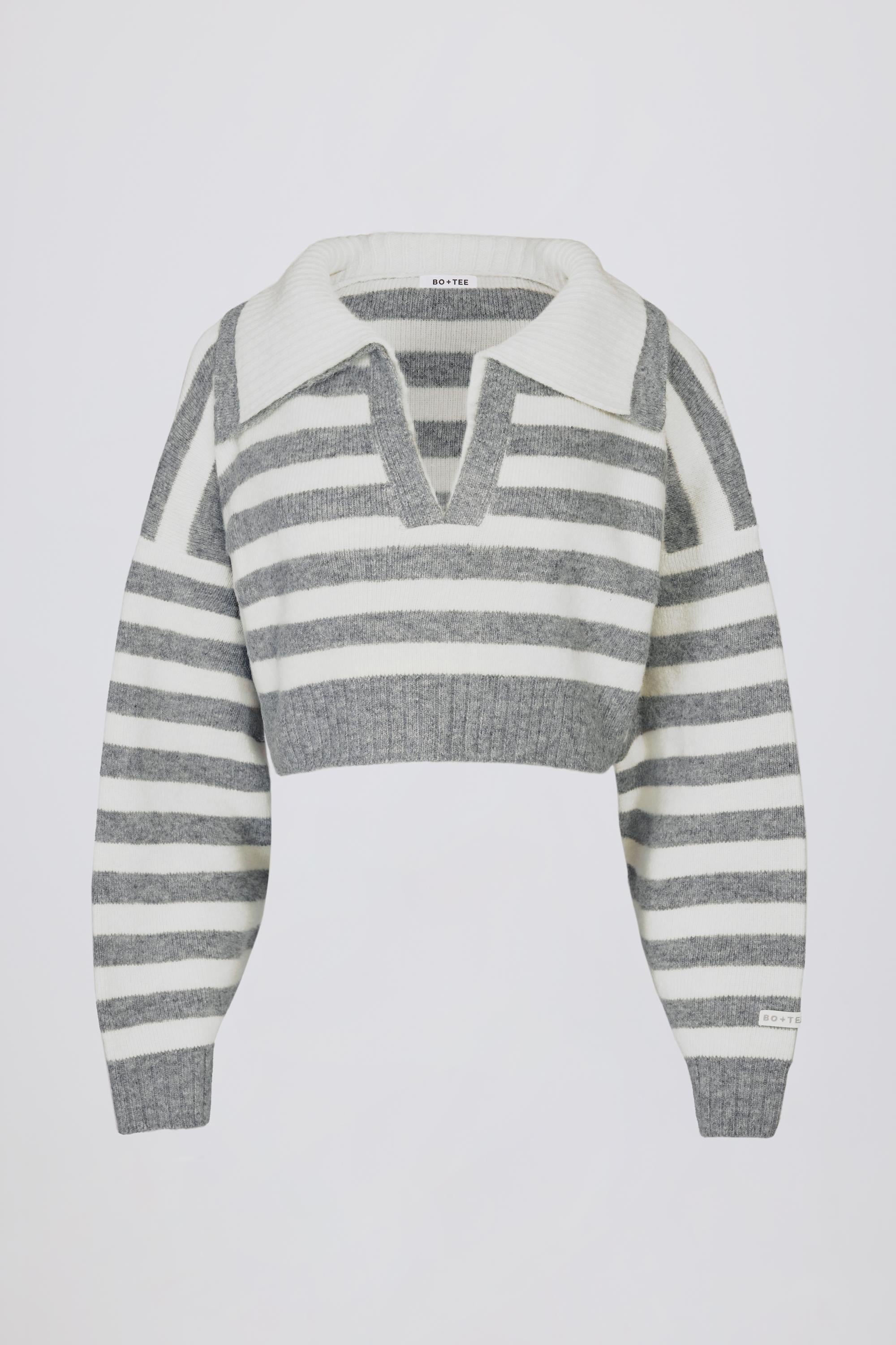 Layered Collar Cropped Knit Jumper in Grey Stripe