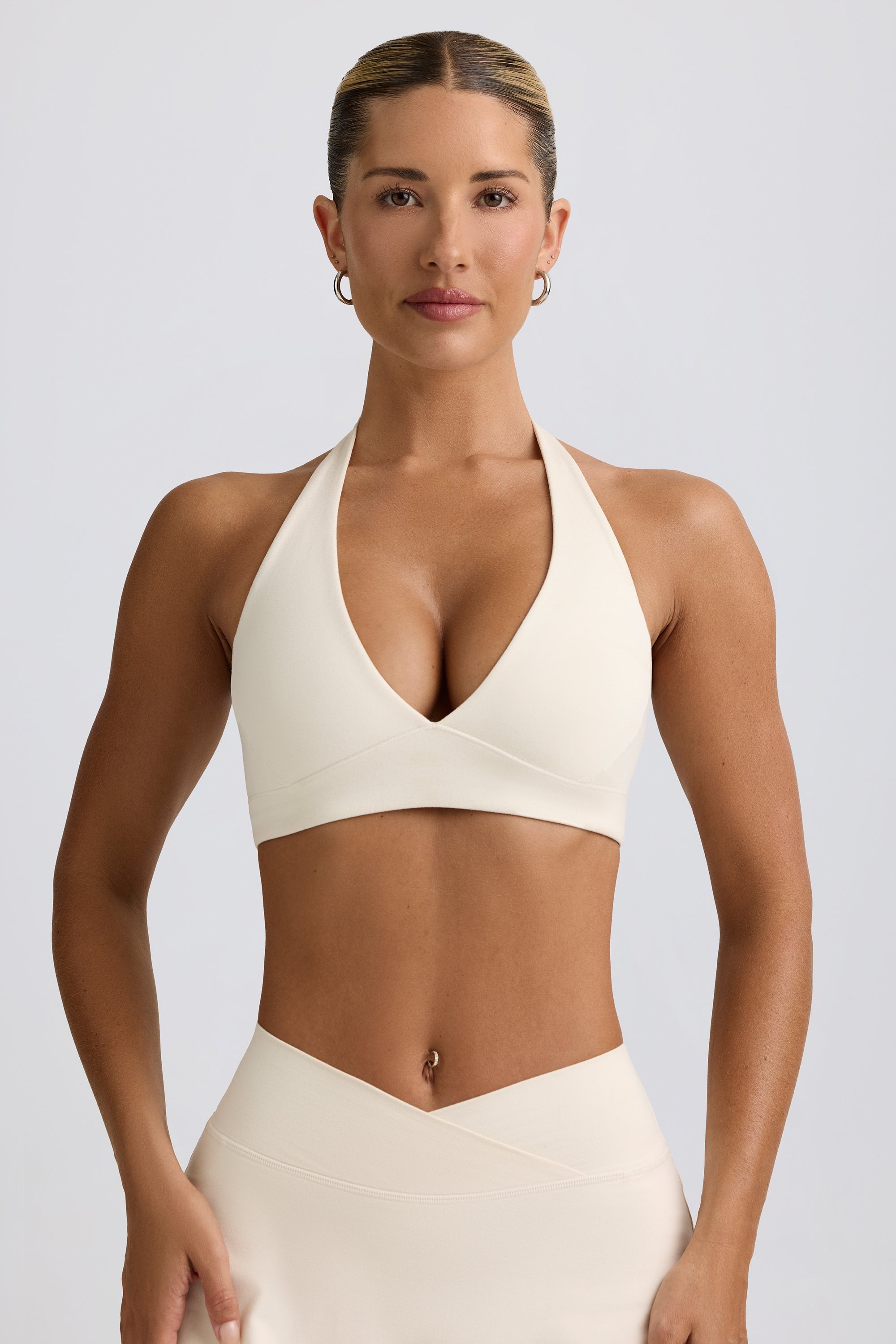 V-Neck Sports Bra in Ivory Marl | Oh Polly L V-Neck Sports Bra in Ivory Marl | Oh Polly L