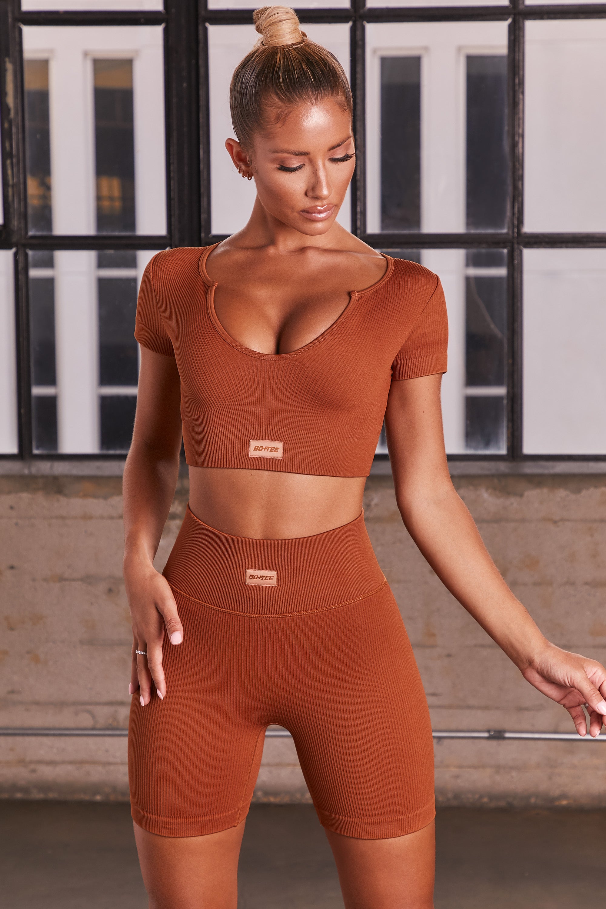 Game On Ribbed Cycling Shorts in Light Brown