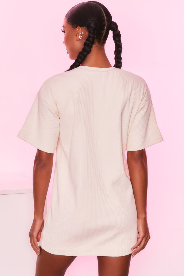 Round neck short sleeve oversized ribbed t-shirt in ivory. Image 3 of 6.
