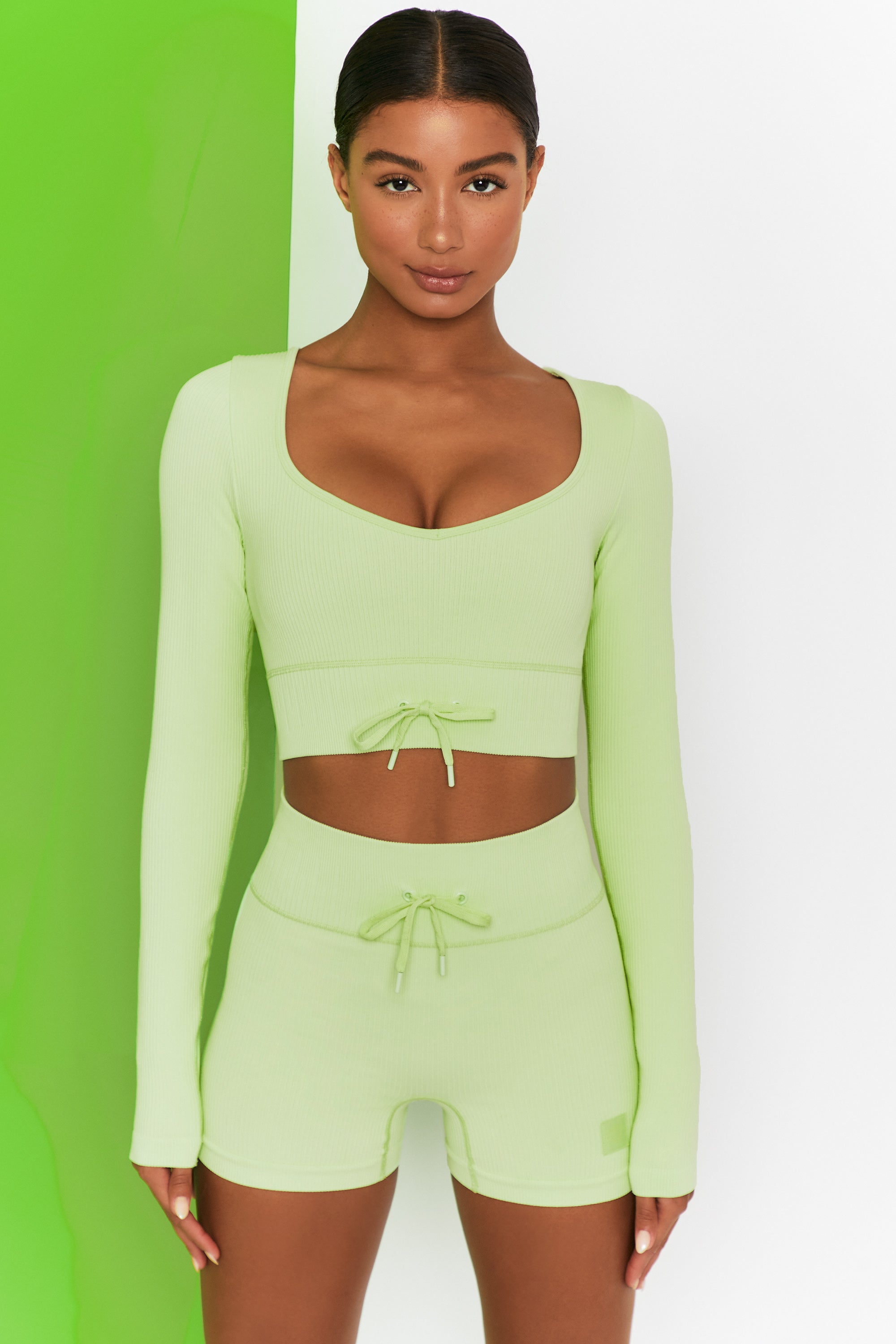 Time Check Ribbed Long Sleeve Crop Top in Lime | Bo+Tee, XXS