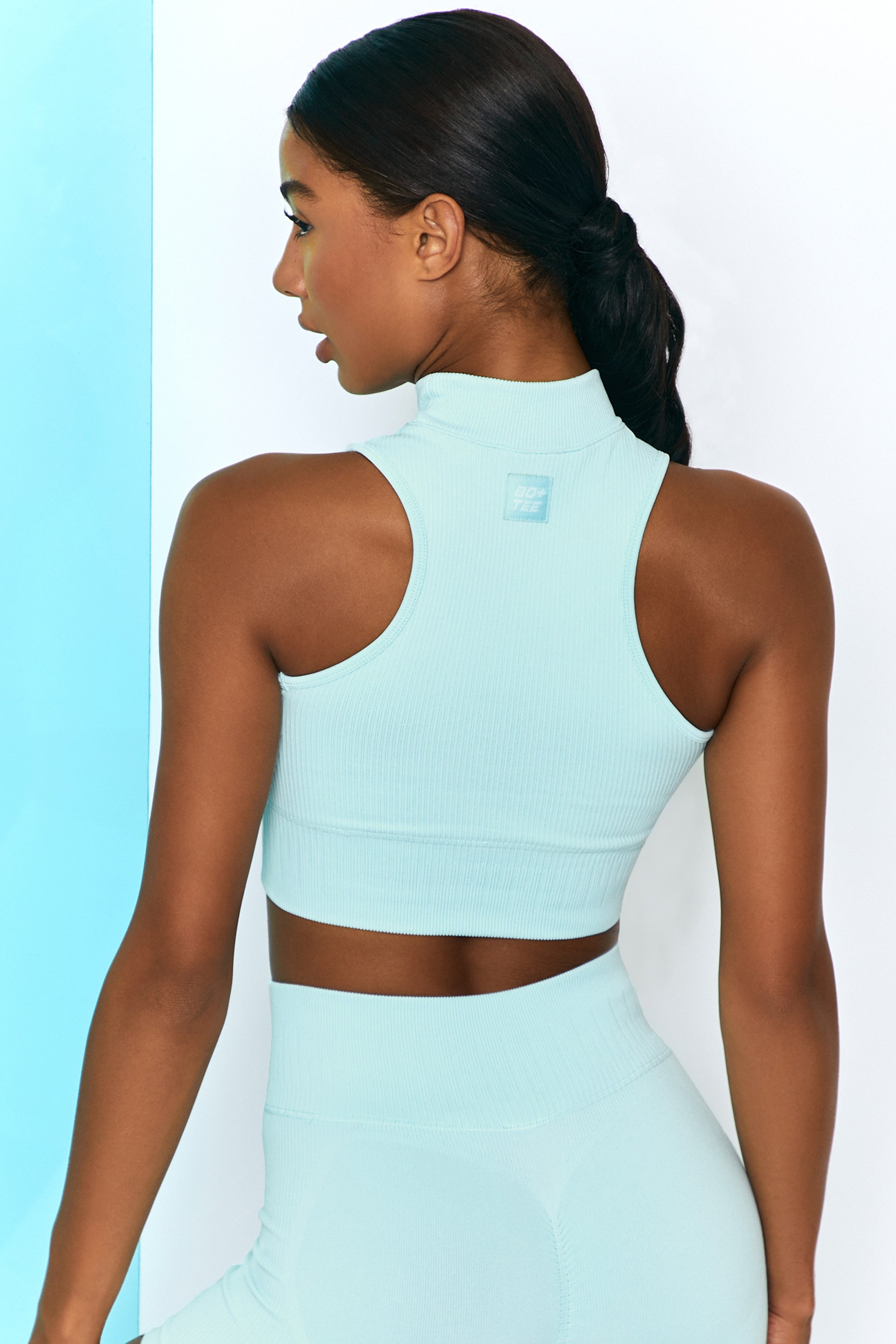 High-Neck Light Blue Ribbed Cropped Tank Top