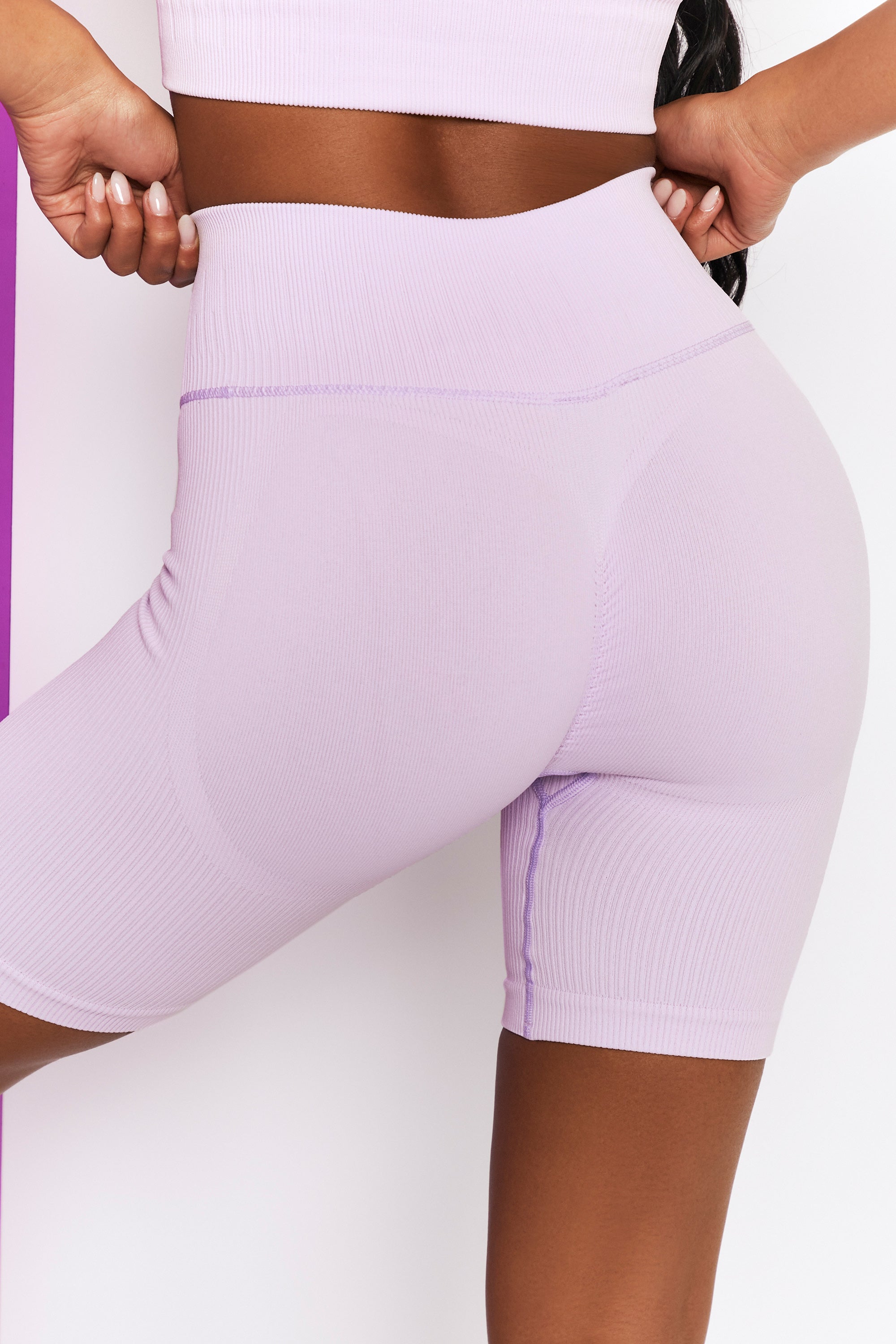 Long Distance Ribbed Tie Front Cycling Shorts in Lilac