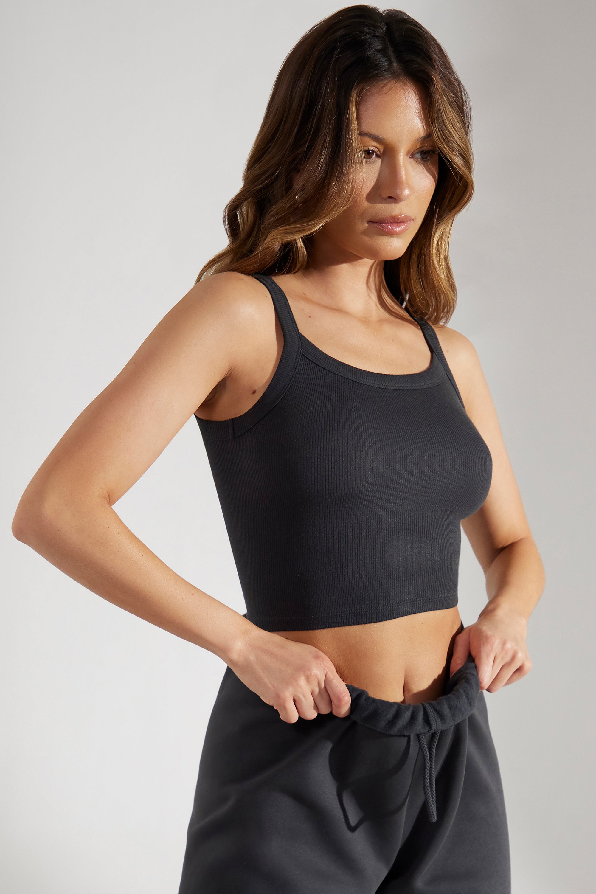 High-Neck Black Ribbed Cropped Tank Top