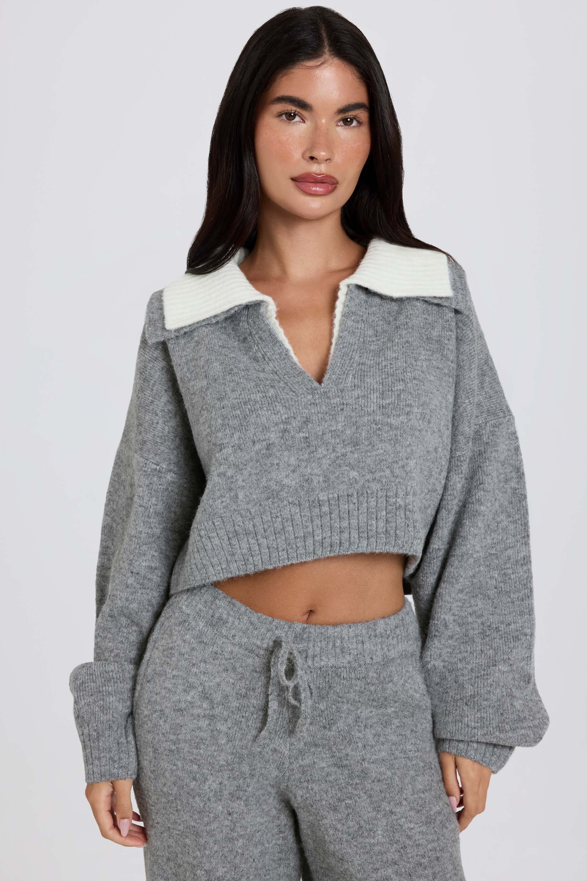 Soft Knit Layered Collar Cropped Jumper in Grey
