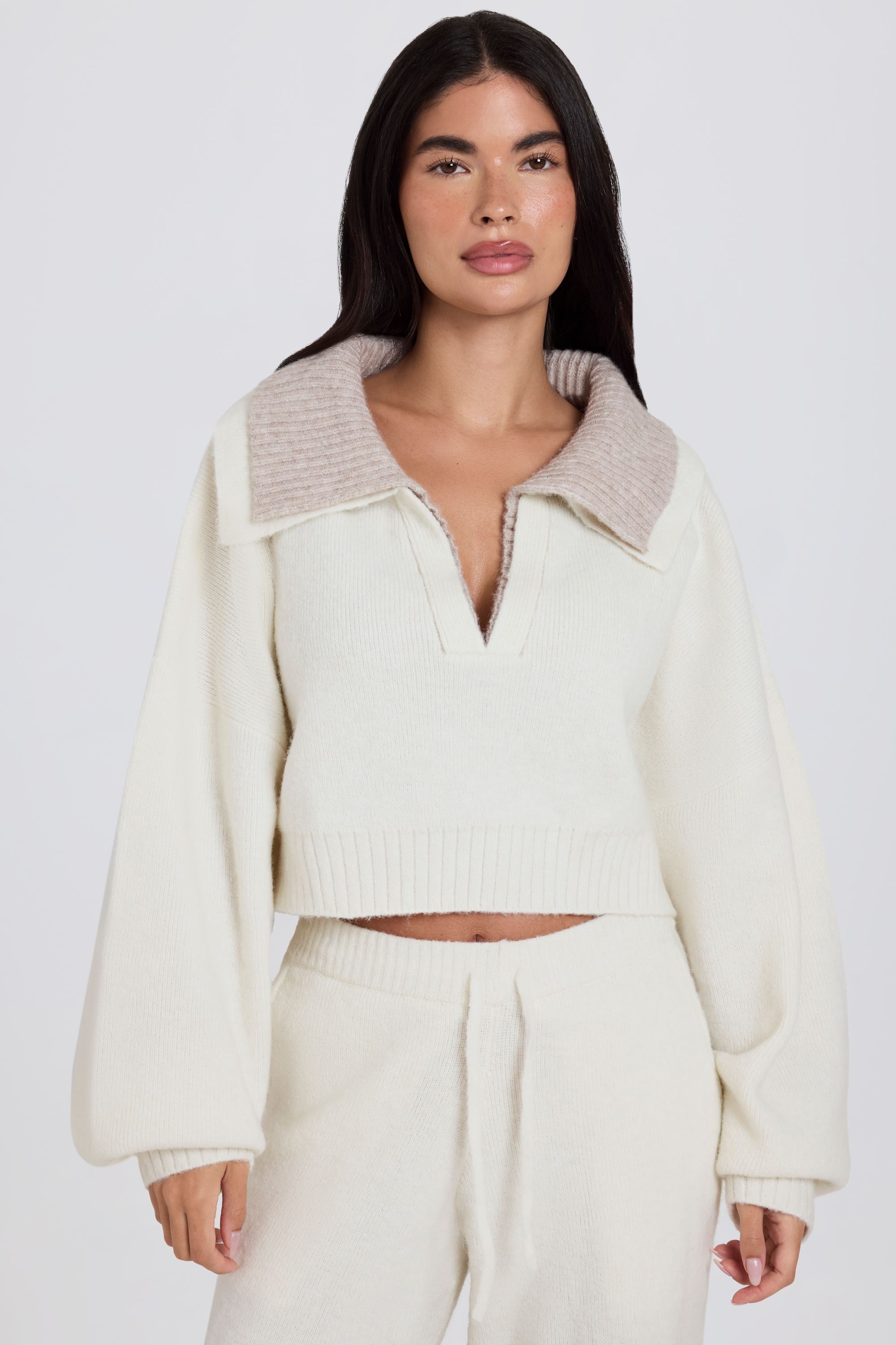 Soft Knit Layered Collar Cropped Jumper in Ivory