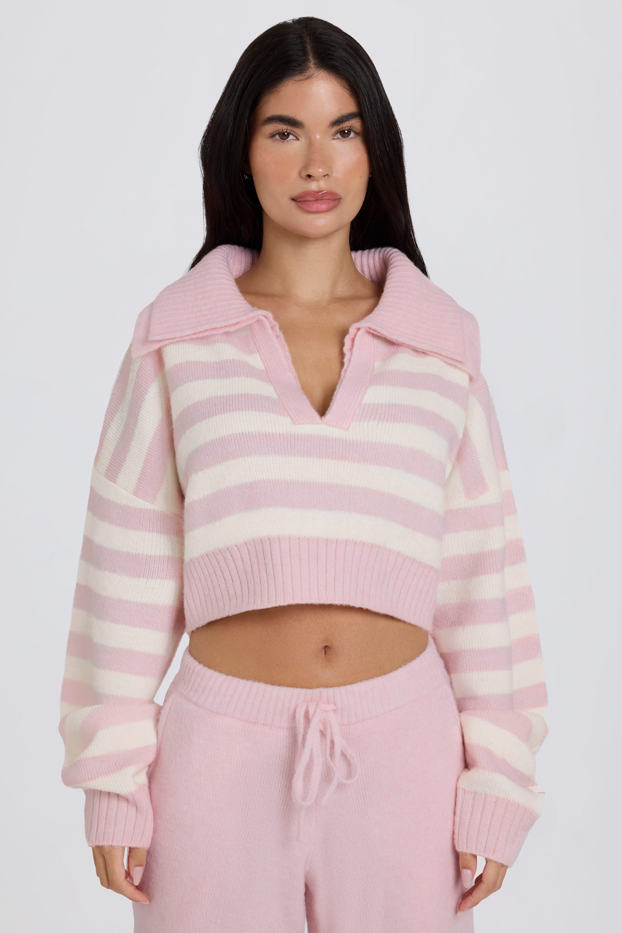 Soft Knit Layered Collar Cropped Jumper in Pink Stripe