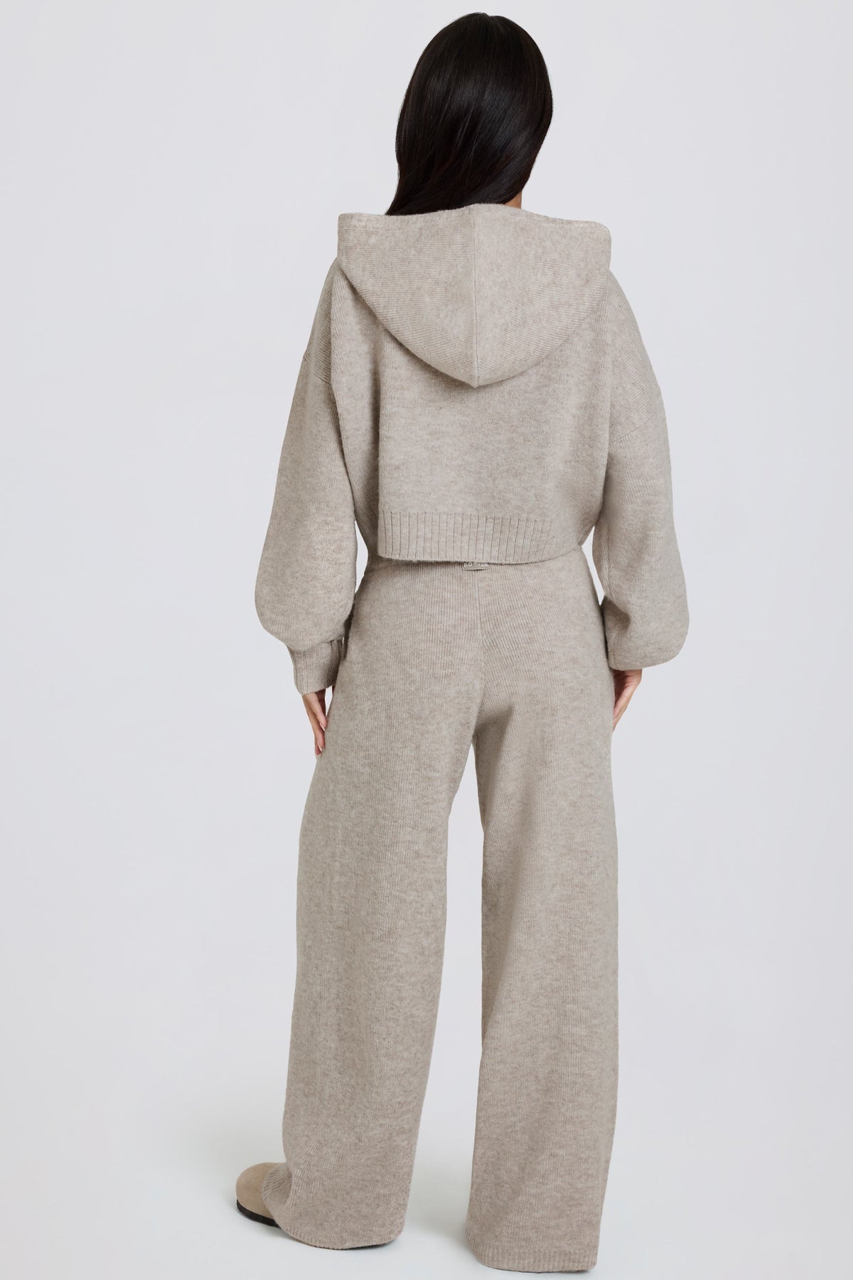 Knit Mid-Rise Wide-Leg Joggers in Beige