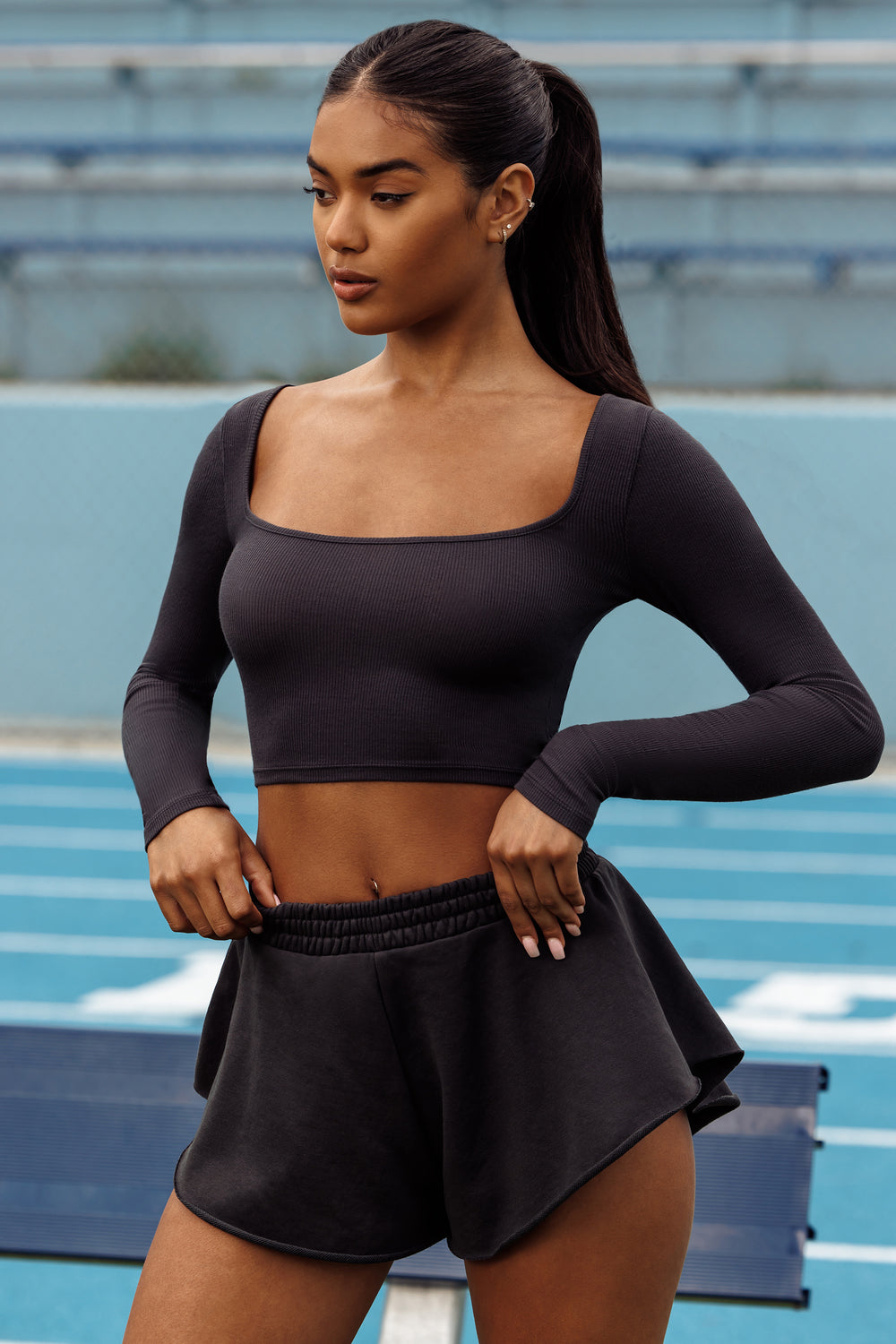HIIT mesh cut outs legging booty shorts long sleeve and bralet in black