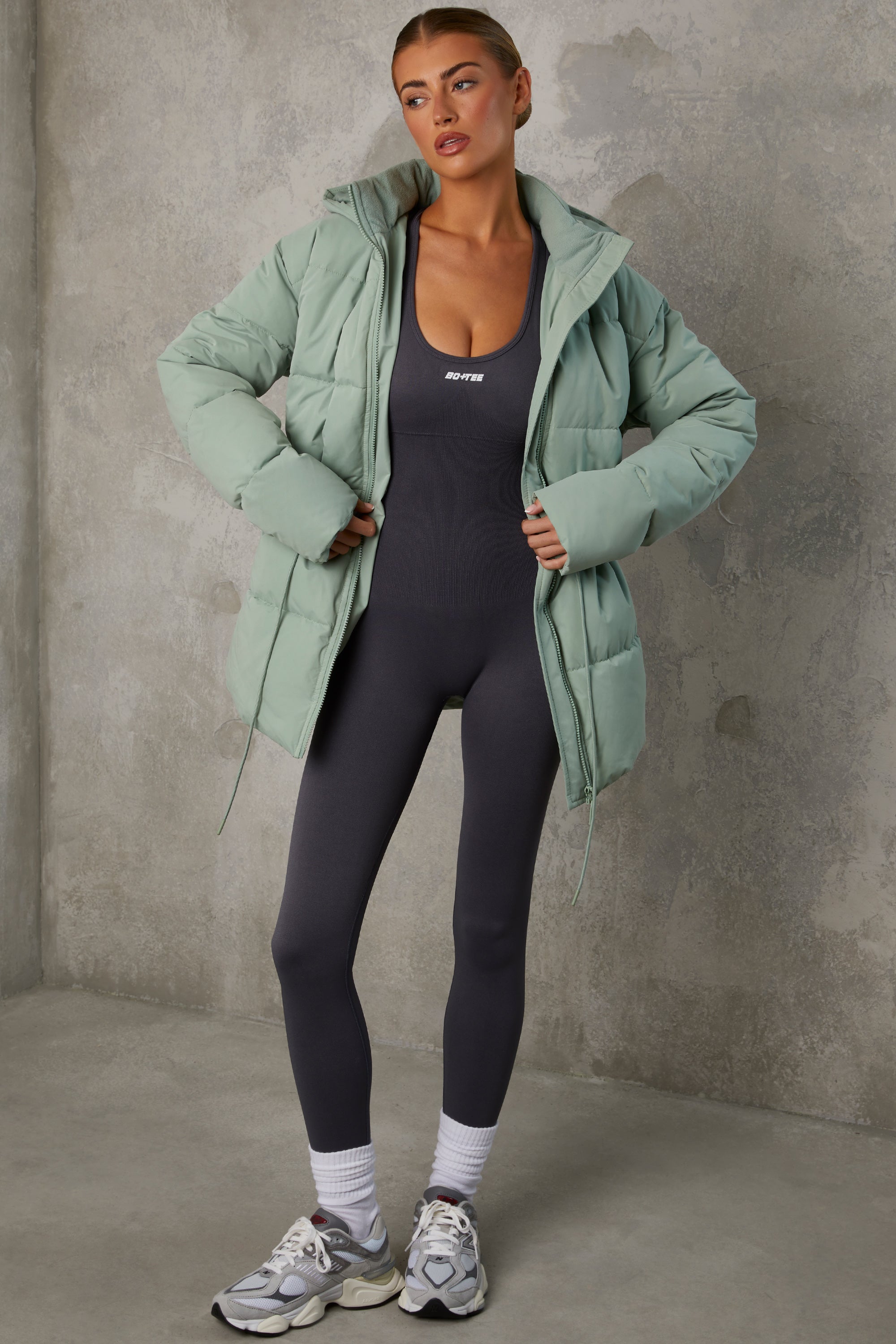 Snug - Mid Length Hooded Puffer Coat in Iceberg Green