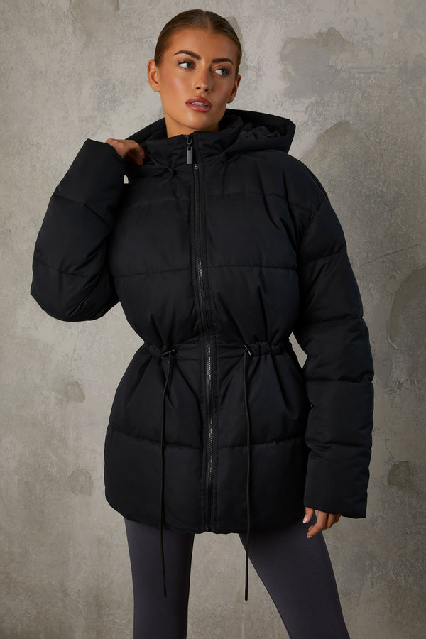 Snug - Mid Length Hooded Puffer Coat in Black
