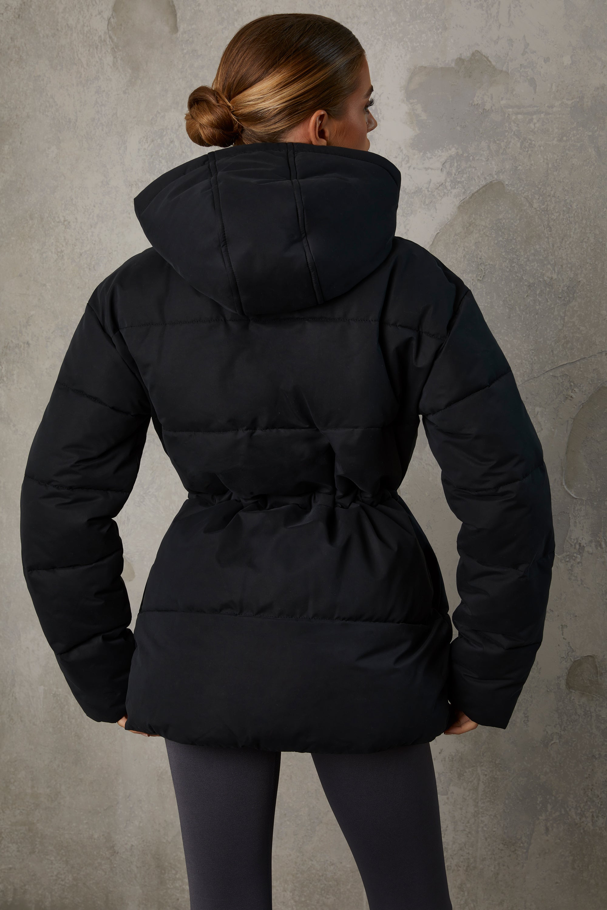 Snug - Mid Length Hooded Puffer Coat in Black