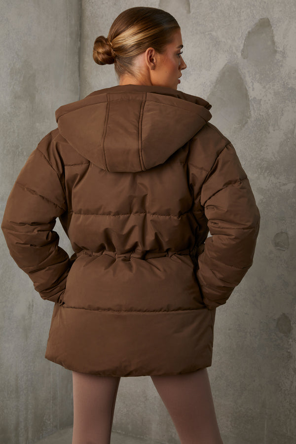 Snug - Mid Length Hooded Puffer Coat in Cocoa Brown