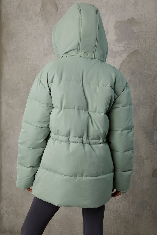 Snug - Mid Length Hooded Puffer Coat in Iceberg Green