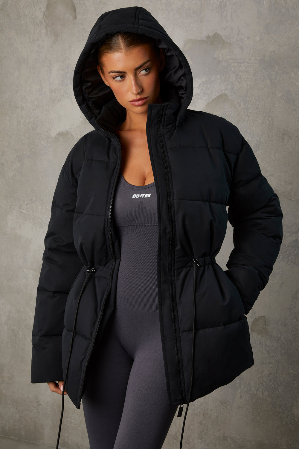 Snug Mid Length Hooded Puffer Coat in Black | Bo+Tee – Bo&Tee
