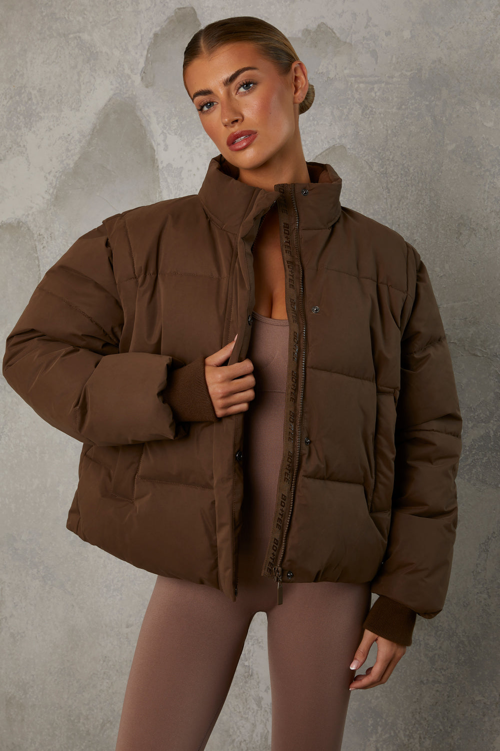 Essential Cropped Puffer Jacket with Detachable Sleeves in Cocoa Brown