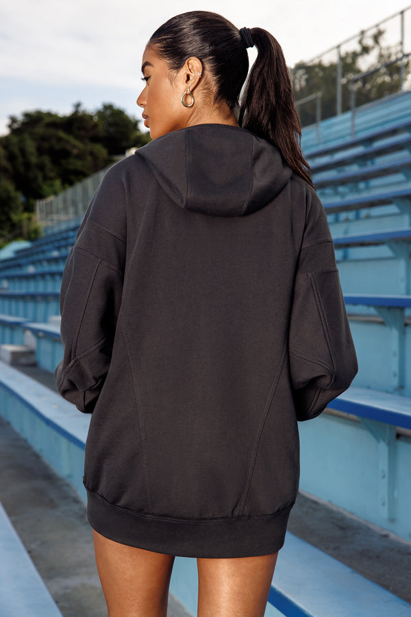 Evolution - Oversized Split Zip Hooded Jacket in Washed Black
