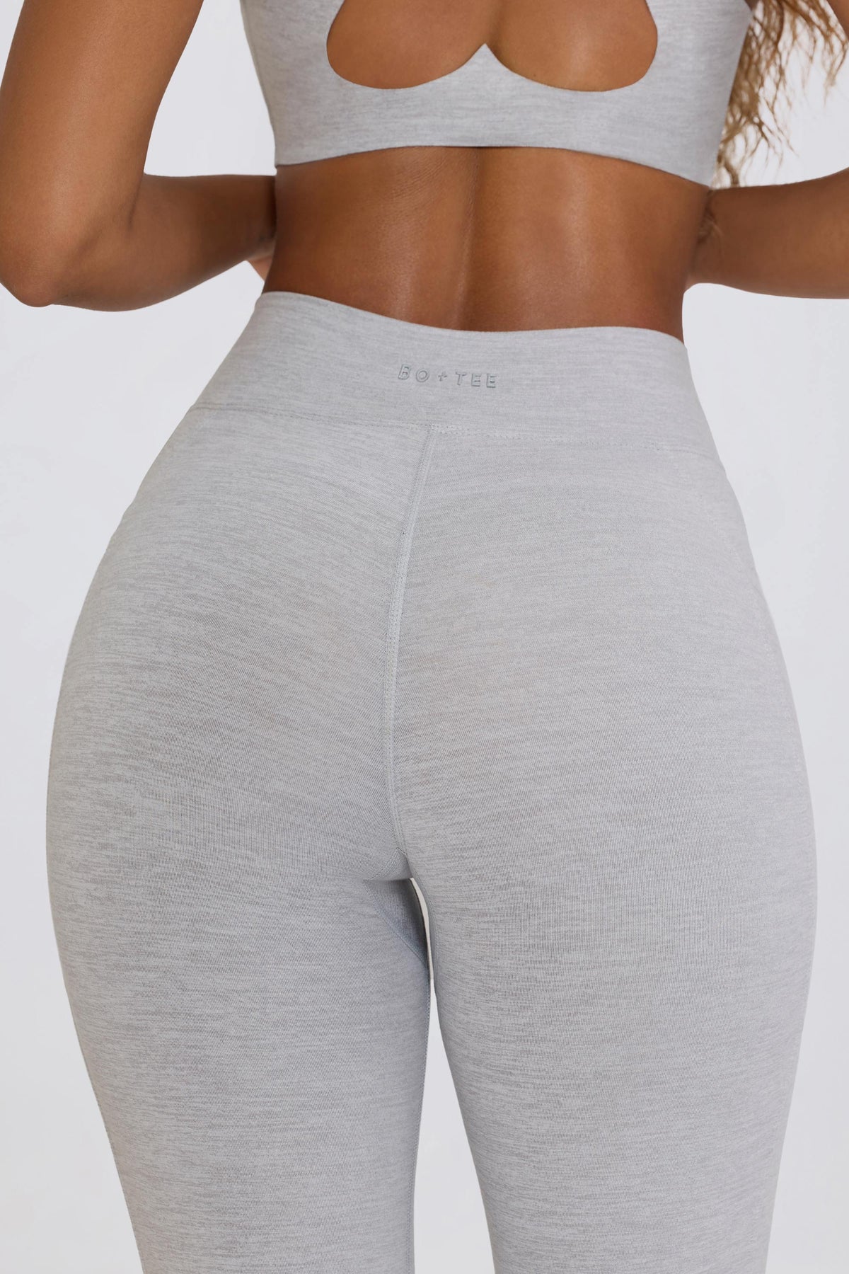Bo+Tee model Hayley wearing the WithLovePerfectMatch Leggings in Grey Marl Soft Active (Cut & Sew) fabric perfect for weekend coffee runs
