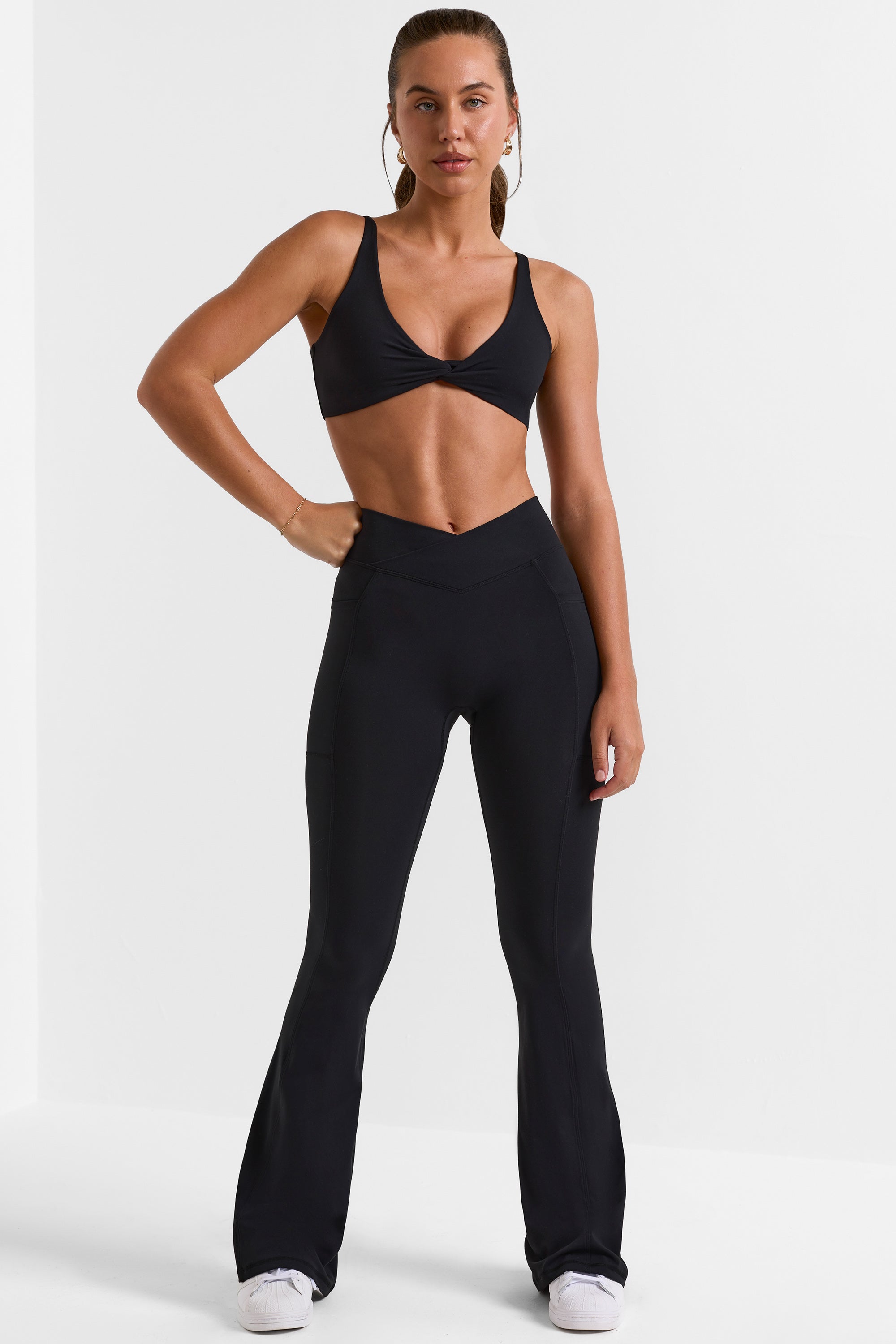 Match - Cross Waistband Flare Pocket Leggings in Black