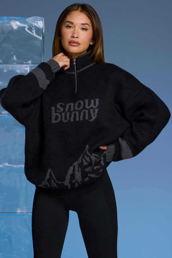 Snow Bunny - Oversized Half Zip Chunky Knit Jumper in Black