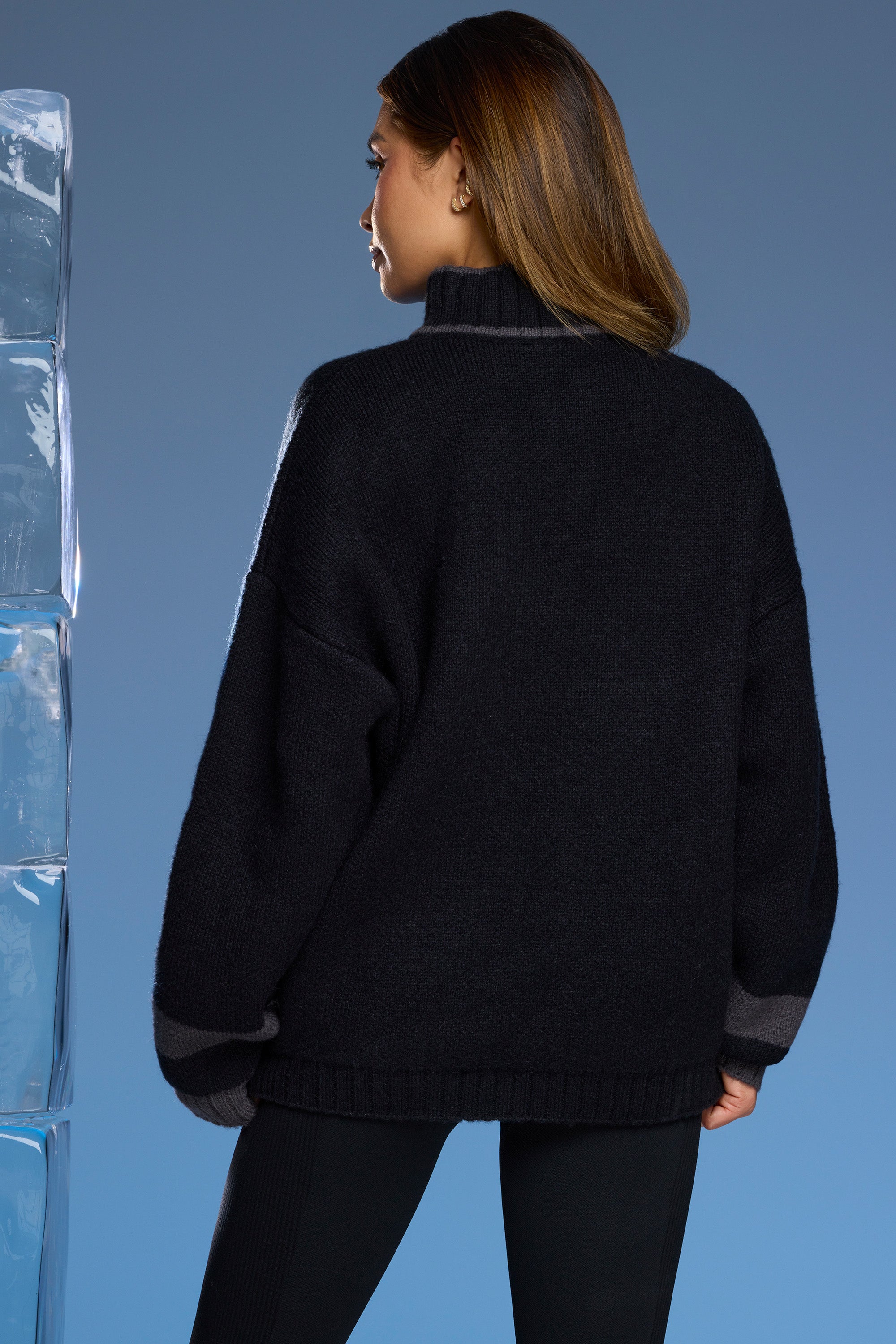 Snow Bunny - Oversized Half Zip Chunky Knit Jumper in Black