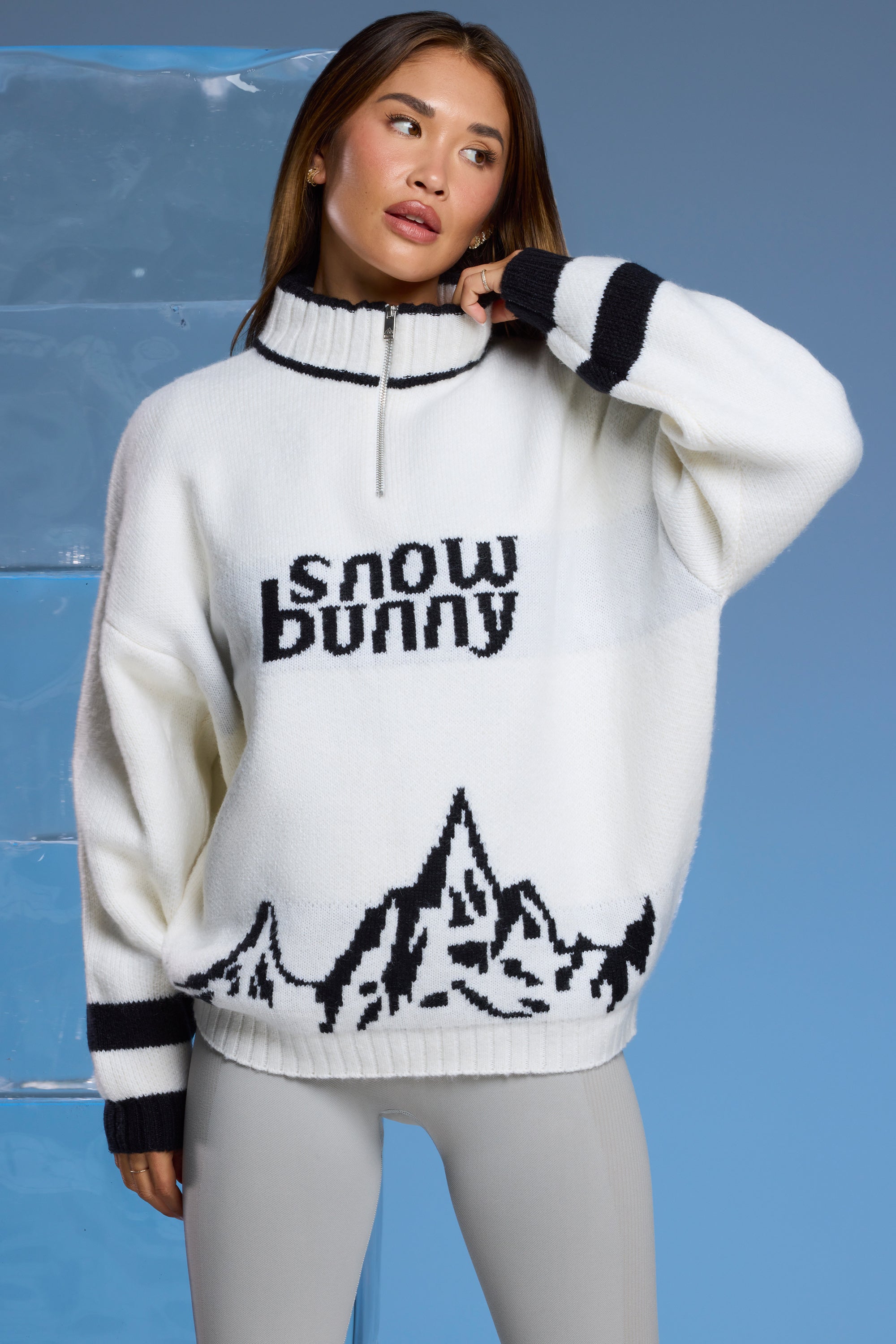 Snow Bunny - Oversized Half Zip Chunky Knit Jumper in White