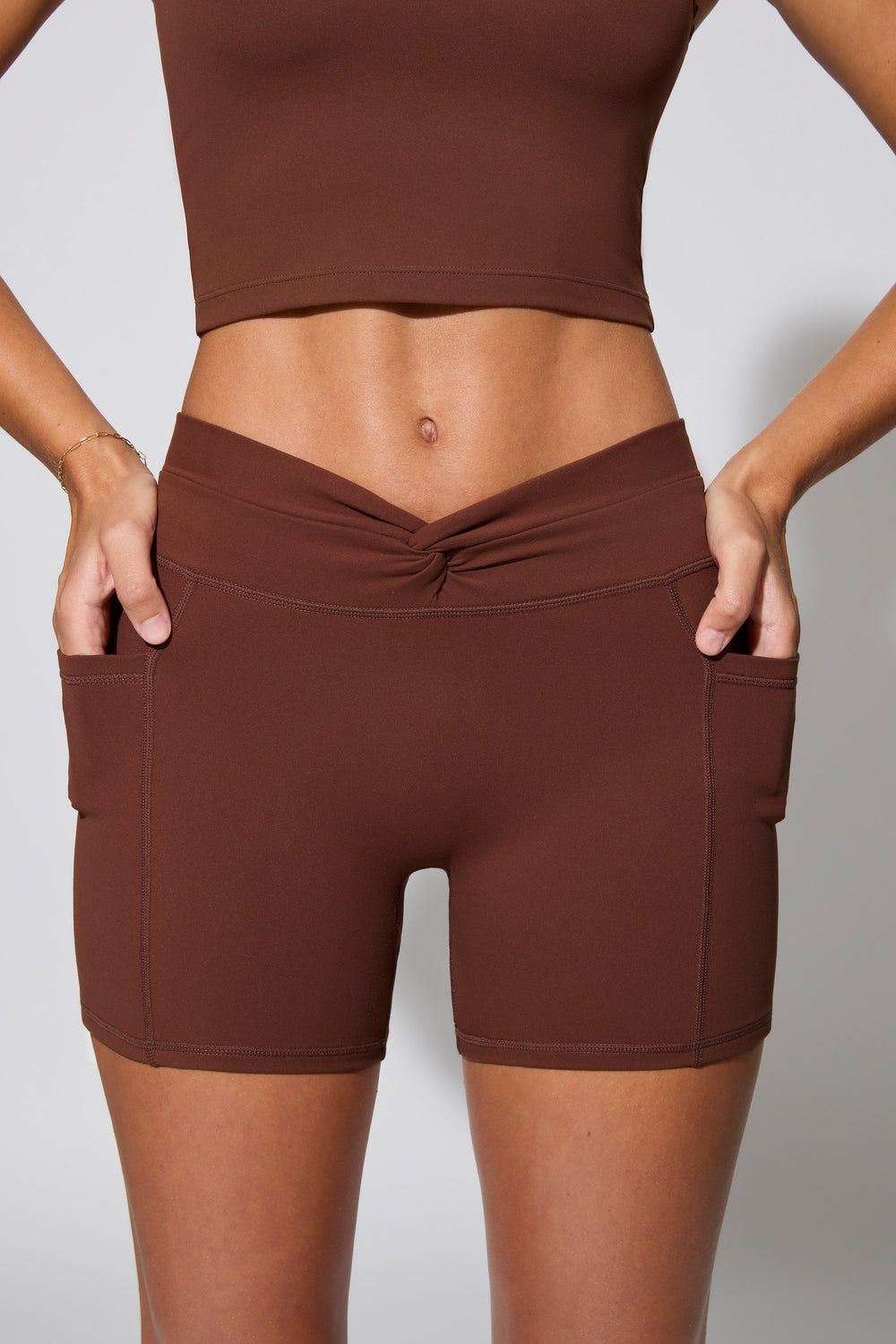 Shift - Twist Waist Mini Shorts with Pockets in Chocolate