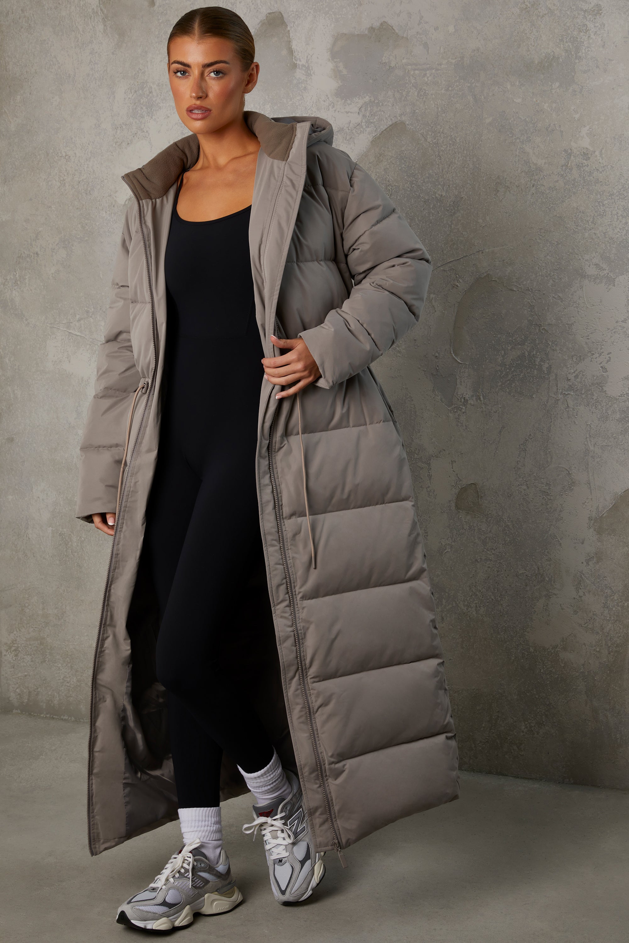 Warmth - Full Length Hooded Puffer Coat in Warm Grey