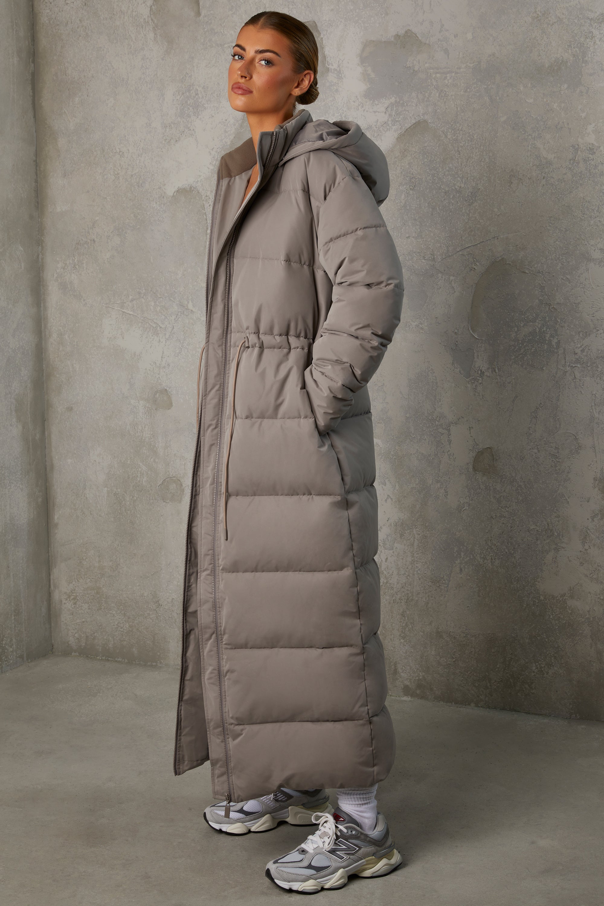 Warmth - Full Length Hooded Puffer Coat in Warm Grey