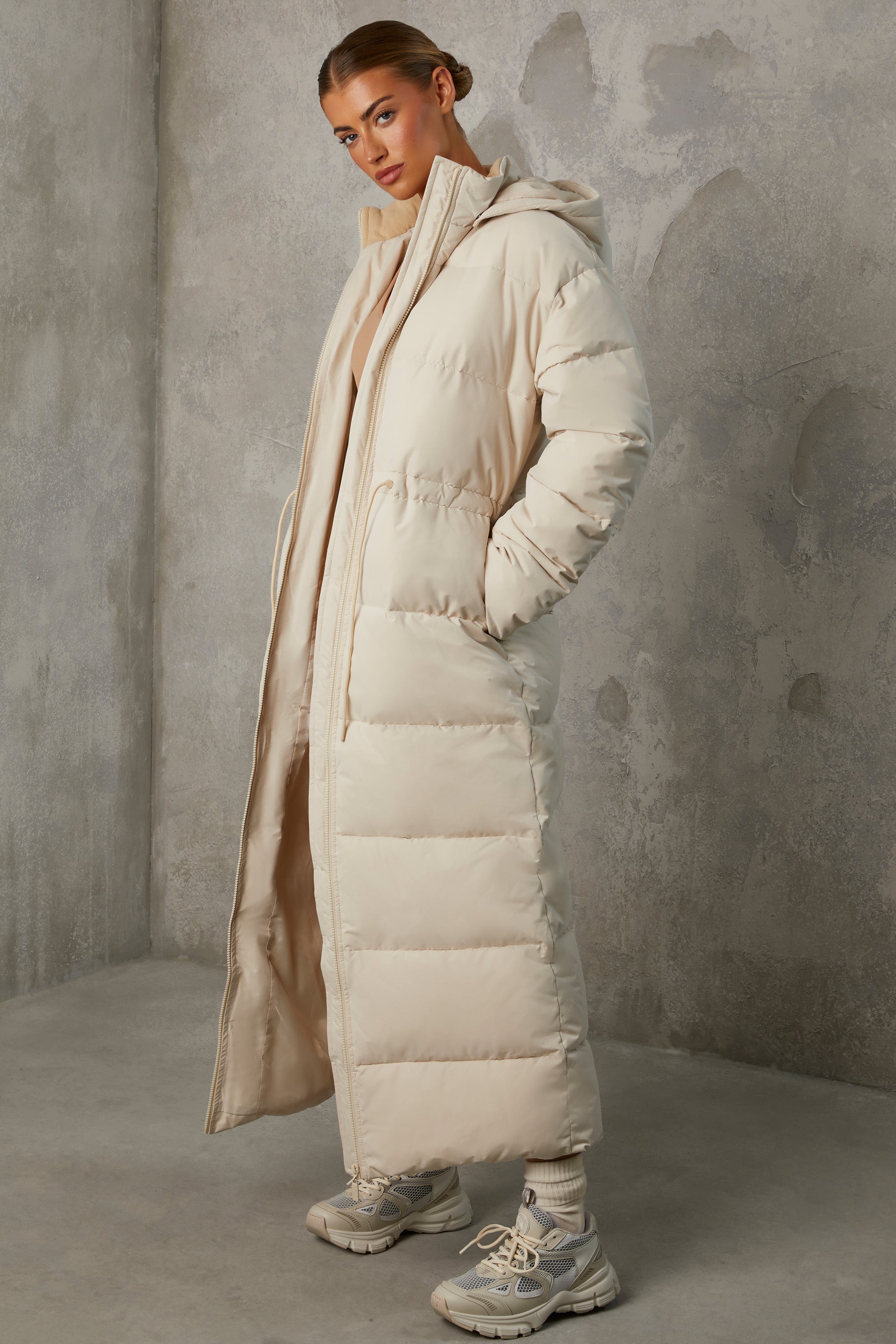 Warmth Full Length Hooded Puffer Coat in Sand