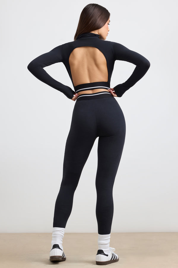 Black seamless set of thick leggings and long sleeve top - Peach Pump