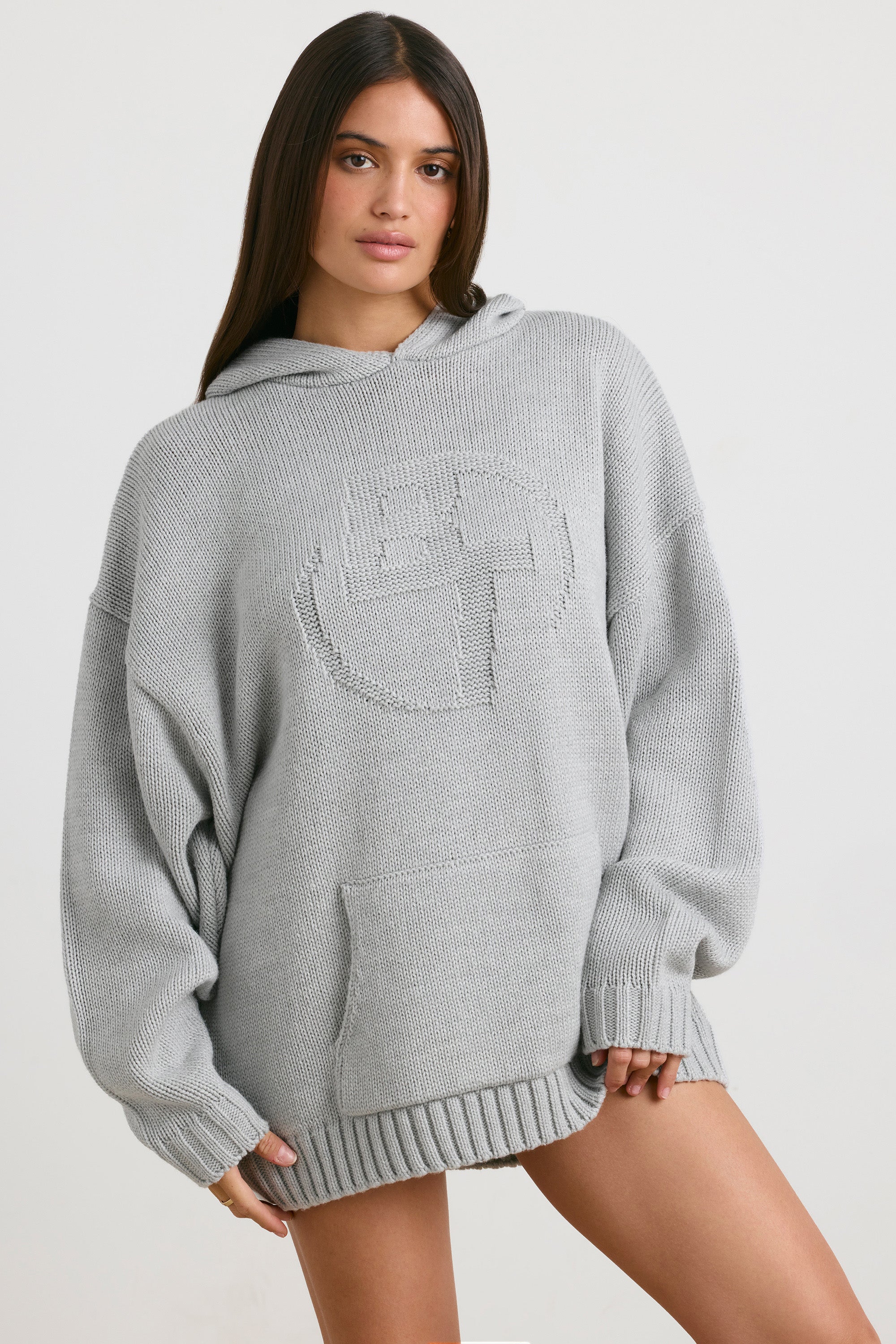 Boyfriend - Oversized Chunky Knit Hoodie in Heather Grey